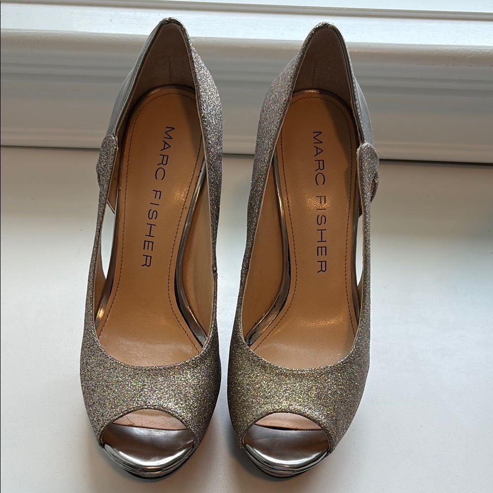 Marc Fisher Silver Peep Toe Heels Elegant Formal
